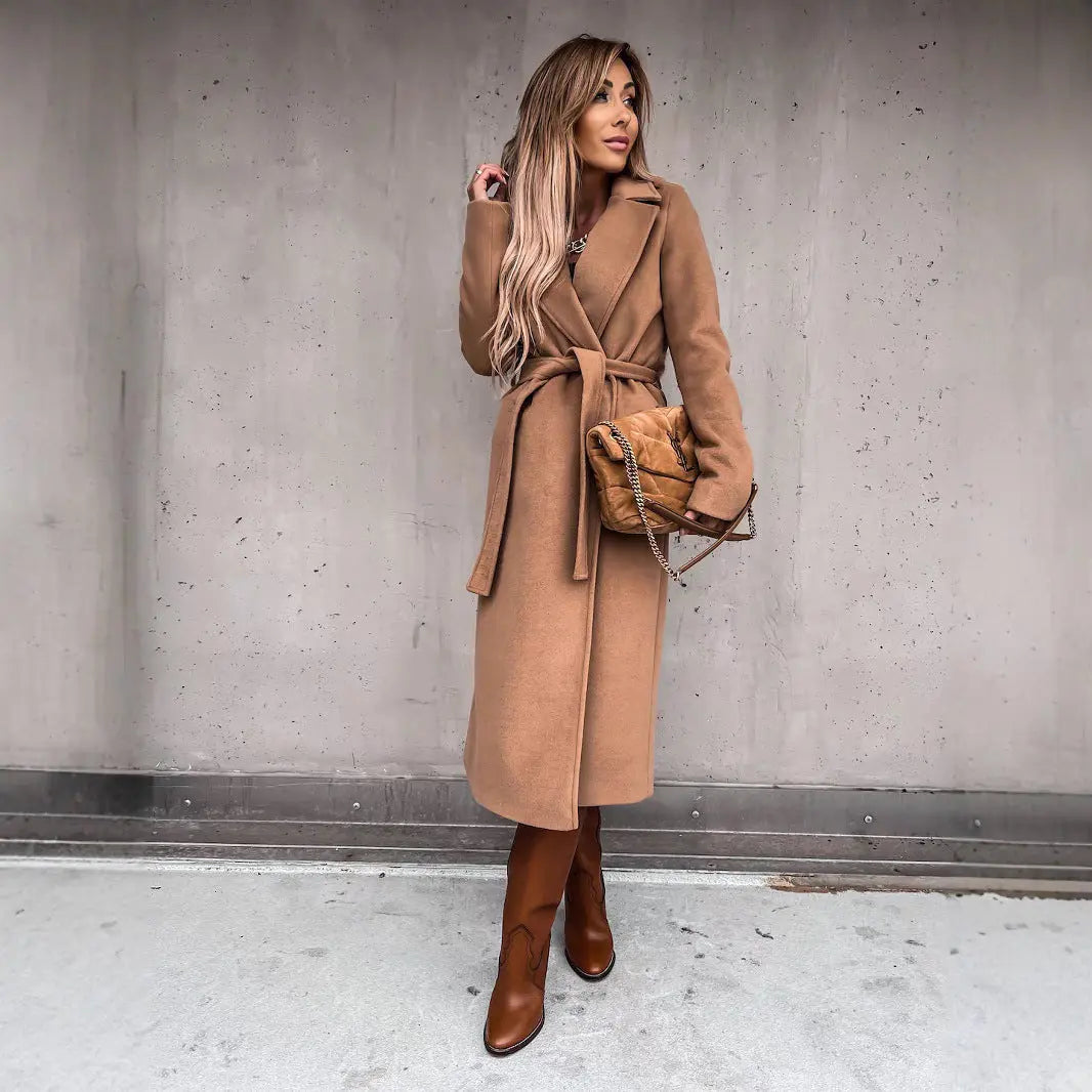 Camel brown wool trench coat for women – timeless outerwear with tailored fit