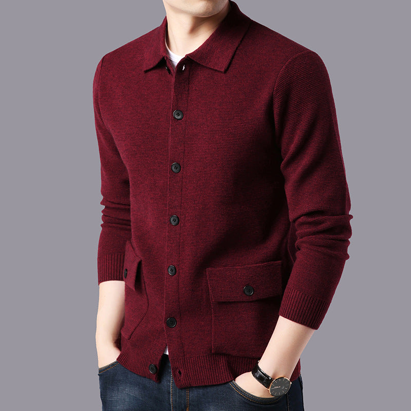 Men’s wine red casual knit cardigan sweater with button-up front – lightweight long-sleeve layering piece for fall and winter 