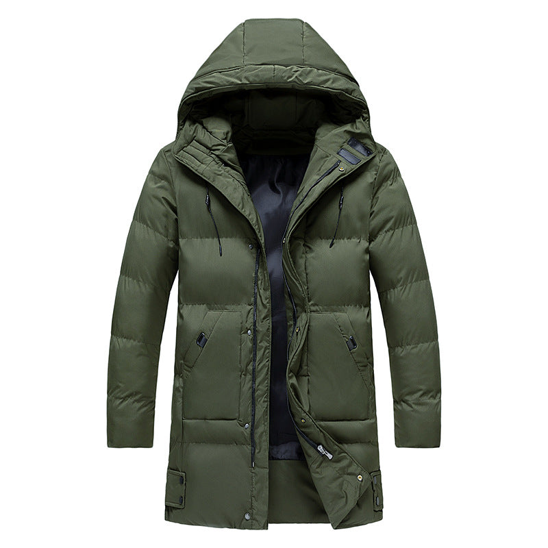 Men’s green long puffer parka jacket – insulated winter coat with hood, full zip front, and windproof design, ideal for cold weather