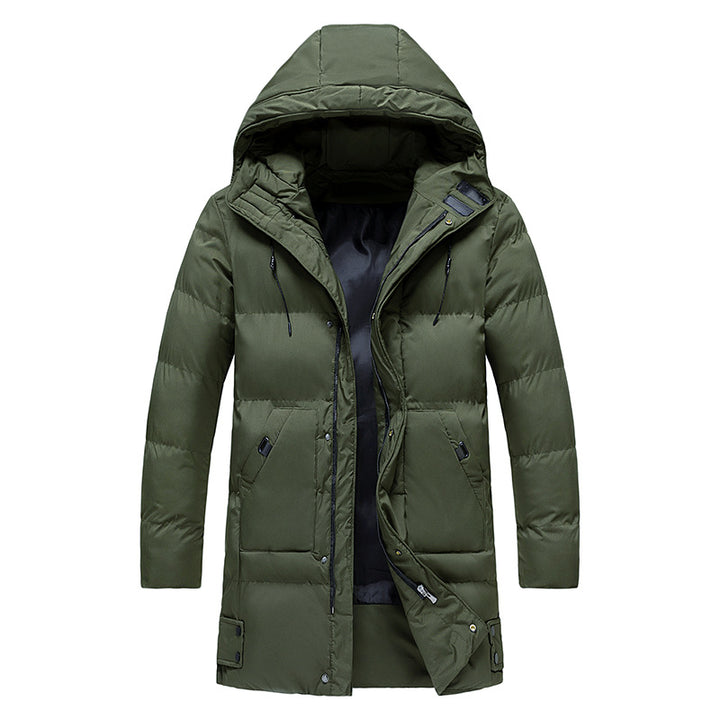 Men’s green long puffer parka jacket – insulated winter coat with hood, full zip front, and windproof design, ideal for cold weather
