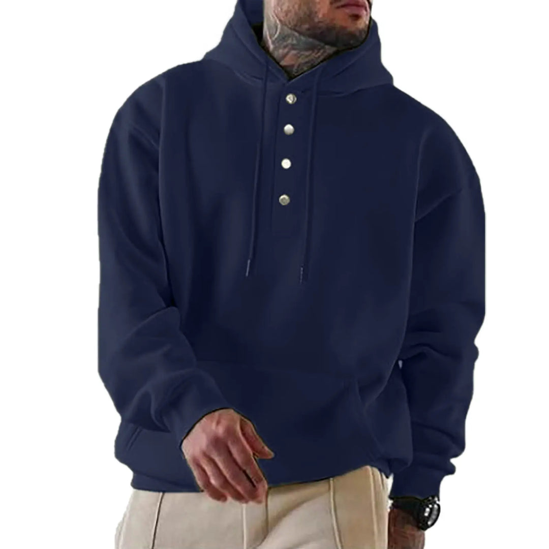 Men’s navy blue pullover hoodie with buttons – warm and stylish sweatshirt for casual outfits