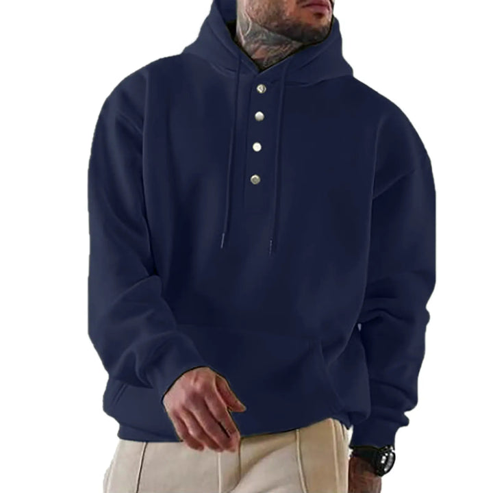 Men’s navy blue pullover hoodie with buttons – warm and stylish sweatshirt for casual outfits