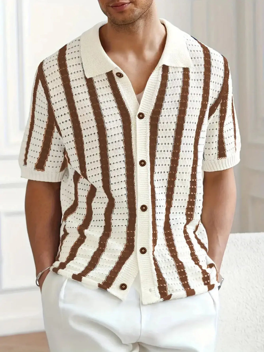 Men’s vintage-style brown and white vertical striped short sleeve knit shirt – retro button-up polo