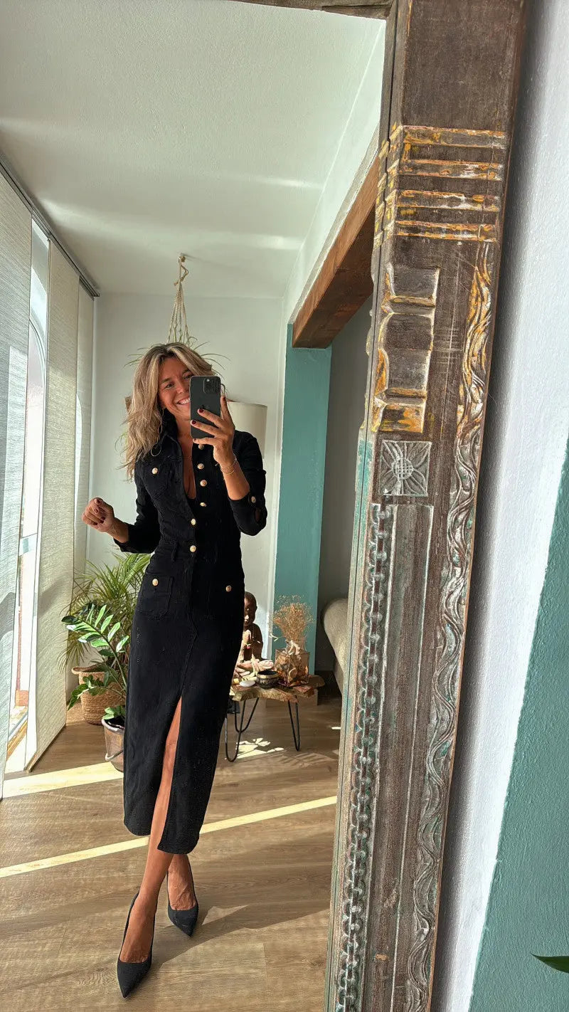Women’s black denim maxi dress with button-up front, long sleeves, and front slit – western-inspired jean dress
