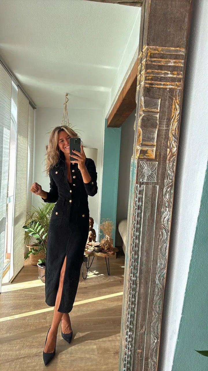 Women’s black denim maxi dress with button-up front, long sleeves, and front slit – western-inspired jean dress