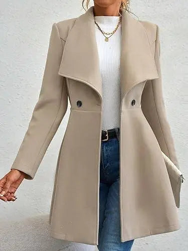 Elegant beige double-breasted long coat for women with oversized collar and fitted waist – stylish outerwear for fall or winter