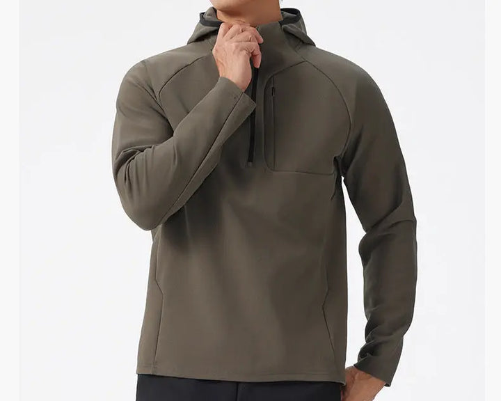 Men’s army green long sleeve athletic hoodie with front zipper and minimalist design – lightweight sports pullover