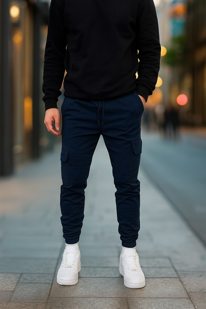 Men’s slim fit cargo jogger pants with elastic ankle cuffs – comfortable stretch waist streetwear trousers in navy blue