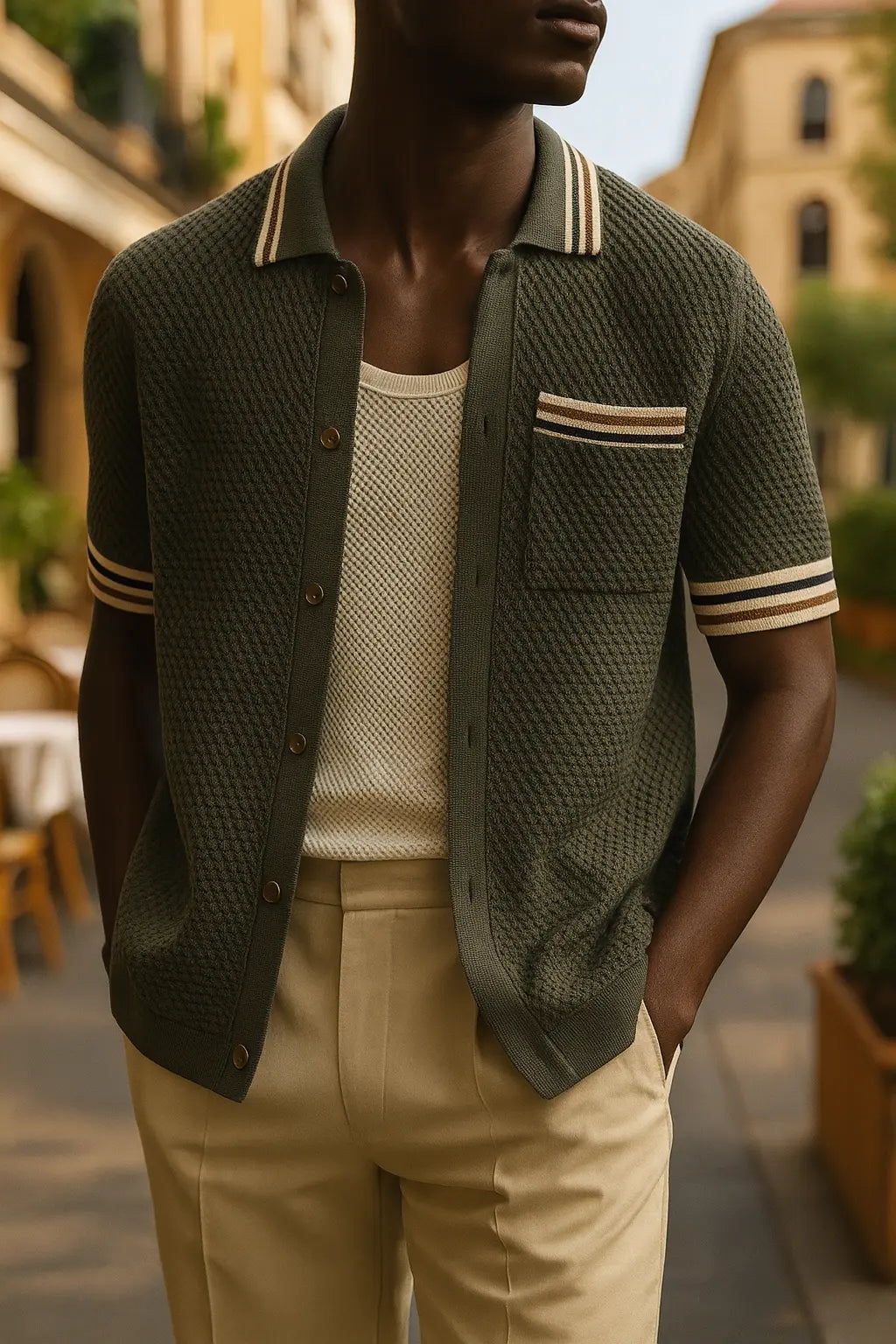 Men’s olive green textured short-sleeve button-up knit shirt with front pocket