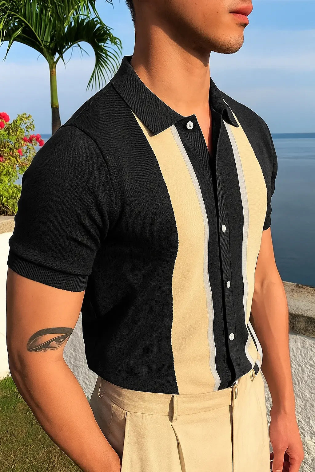Men's short-sleeve knit shirt with black and beige vertical panels