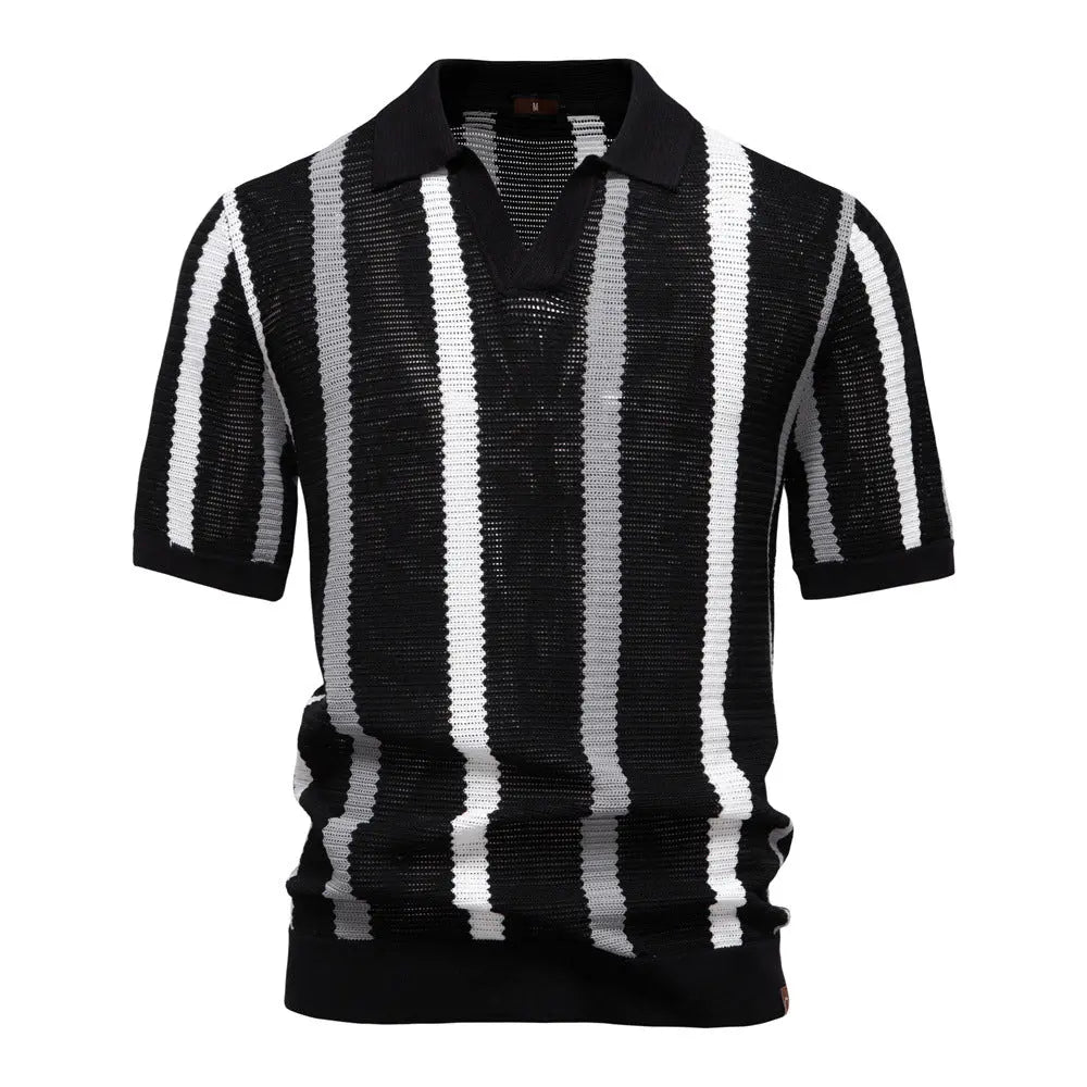 Men's vintage-style striped polo shirt in black and white – soft breathable summer wear