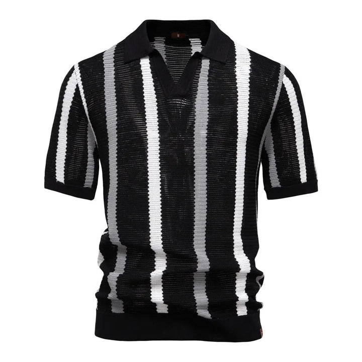 Men's vintage-style striped polo shirt in black and white – soft breathable summer wear