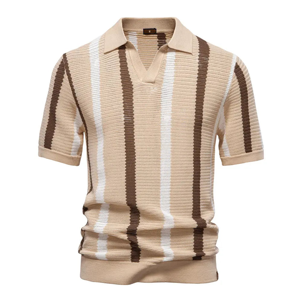 Men's vintage-style striped polo shirt in beige and brown – soft breathable summer wear