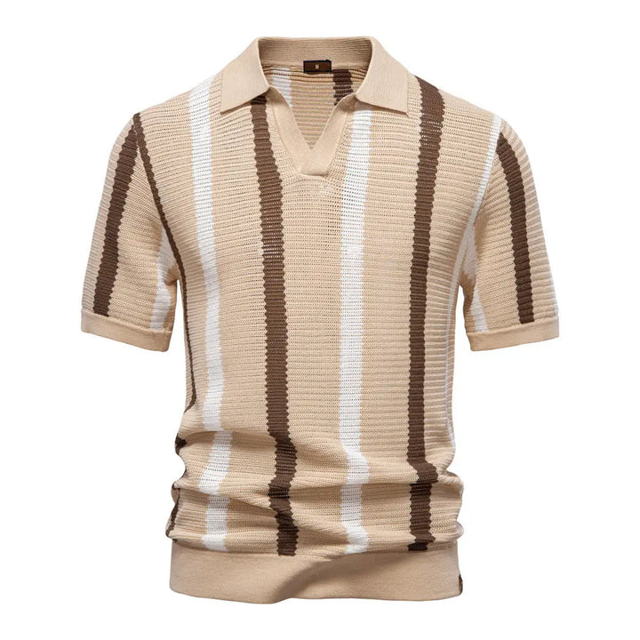 Men's vintage-style striped polo shirt in beige and brown – soft breathable summer wear