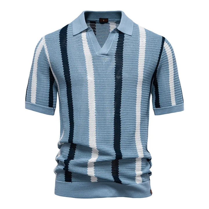 Blue striped short-sleeve knitted polo shirt